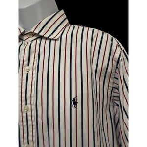 Ralph Lauren Men Shirt L WESTERTON Classic White‎ Blue Red Pinstripe Blue Pony